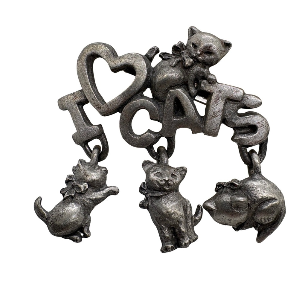 Spoontiques Vintage Pewter I Heart Cats Brooch Dangle Kitten Pin 4192